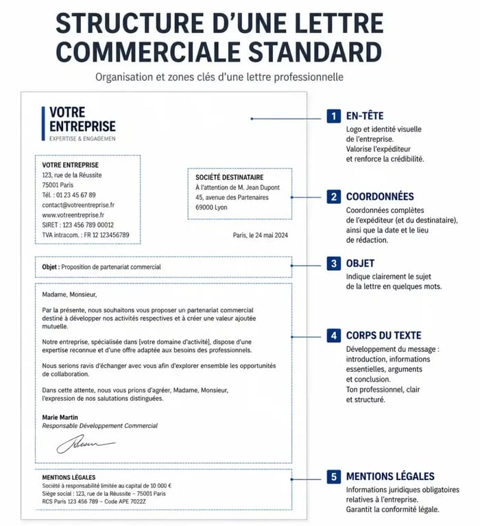 Structure d'une lettre commerciale exemple avec mentions obligatoires