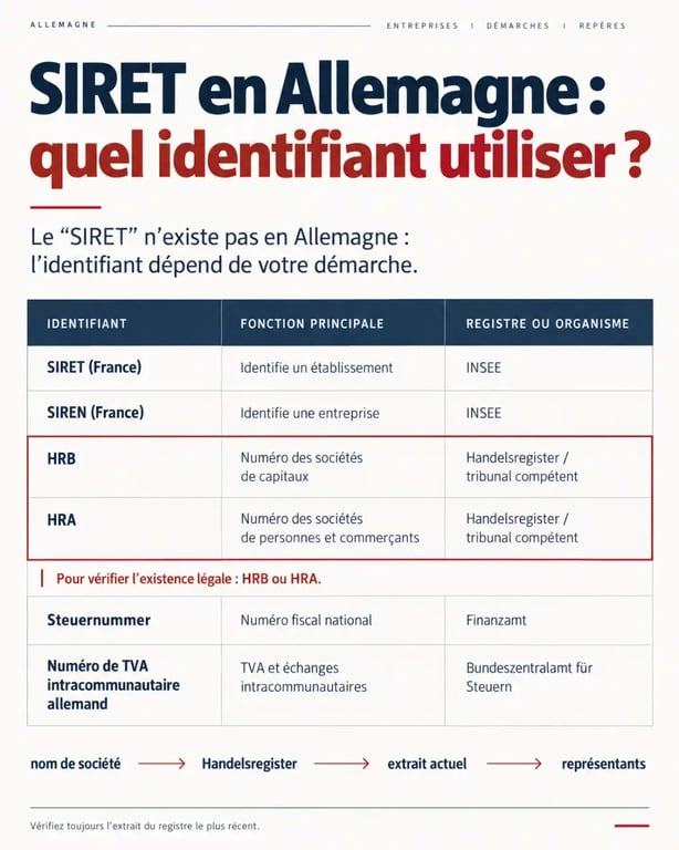 Infographie sur le siret en allemagne et les équivalents HRB, HRA, numéro fiscal et TVA