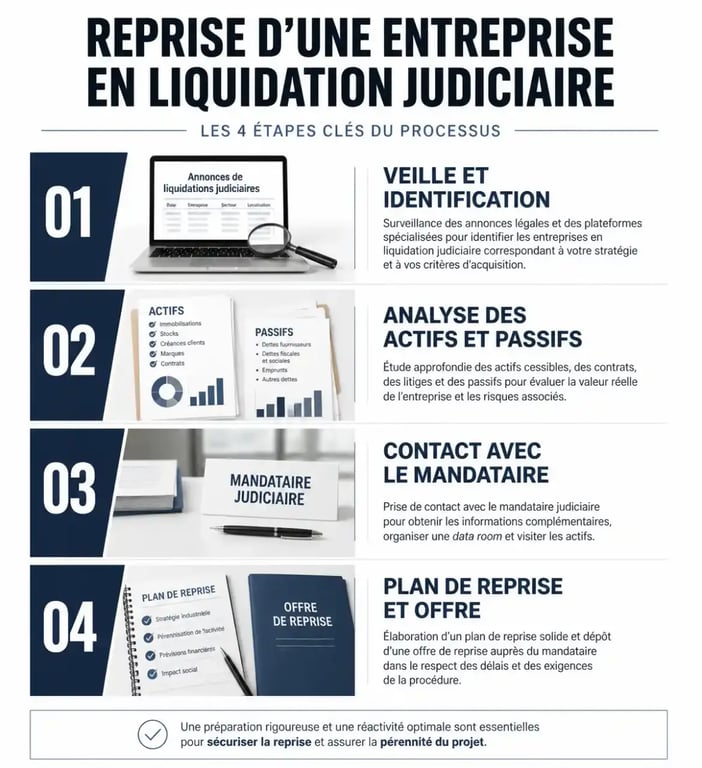 Infographie des étapes clés pour la reprise d'une entreprise en liquidation judiciaire