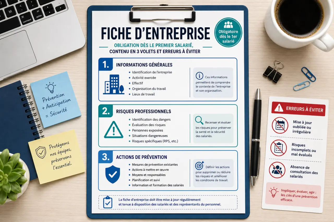 Fiche d’entreprise : obligation dès le premier salarié, contenu en 3 volets et erreurs à éviter