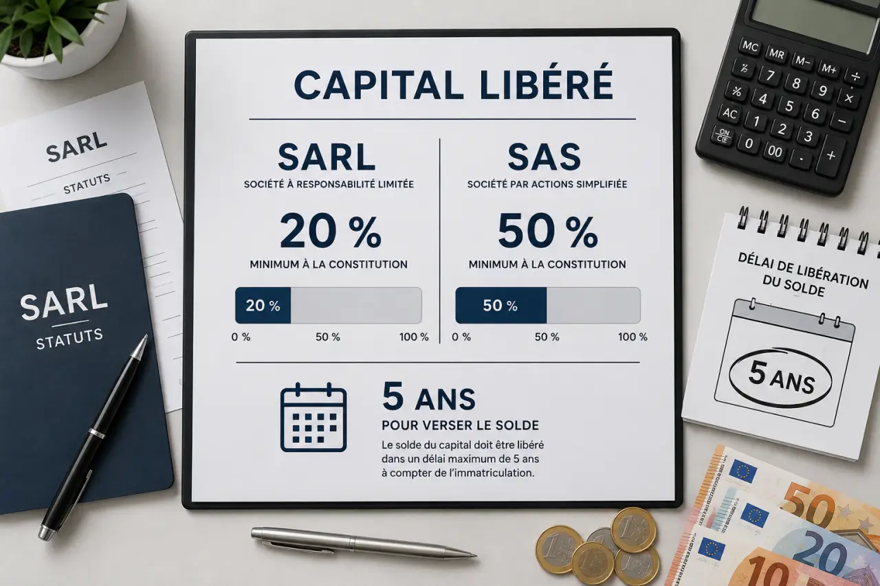 Capital libéré : 20 % en SARL, 50 % en SAS et 5 ans pour verser le solde