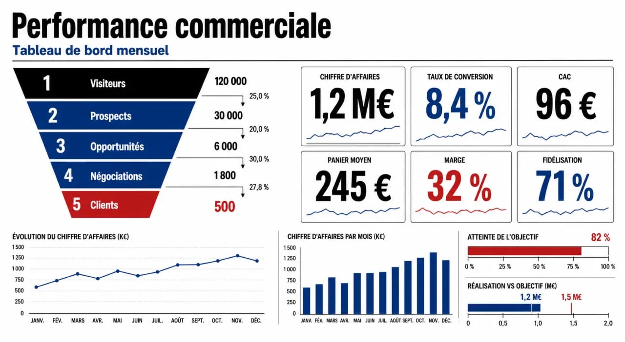 Performances commerciales : tableau de bord et funnel commercial avec KPI clés