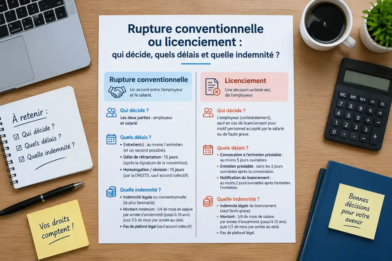 Rupture conventionnelle ou licenciement : qui décide, quels délais et quelle indemnité ?