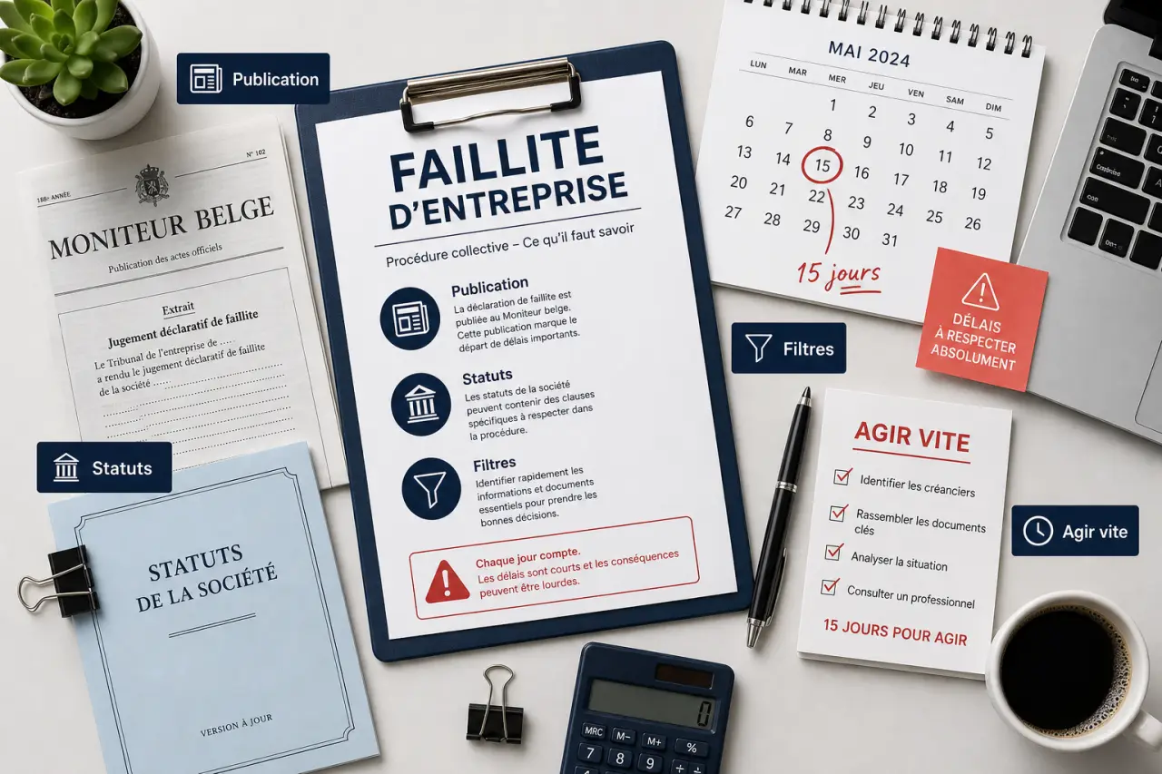 Faillite d’entreprise : 15 jours de publication, statuts et filtres pour agir vite