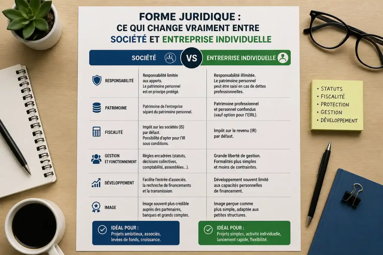 Forme juridique : ce qui change vraiment entre société et entreprise individuelle