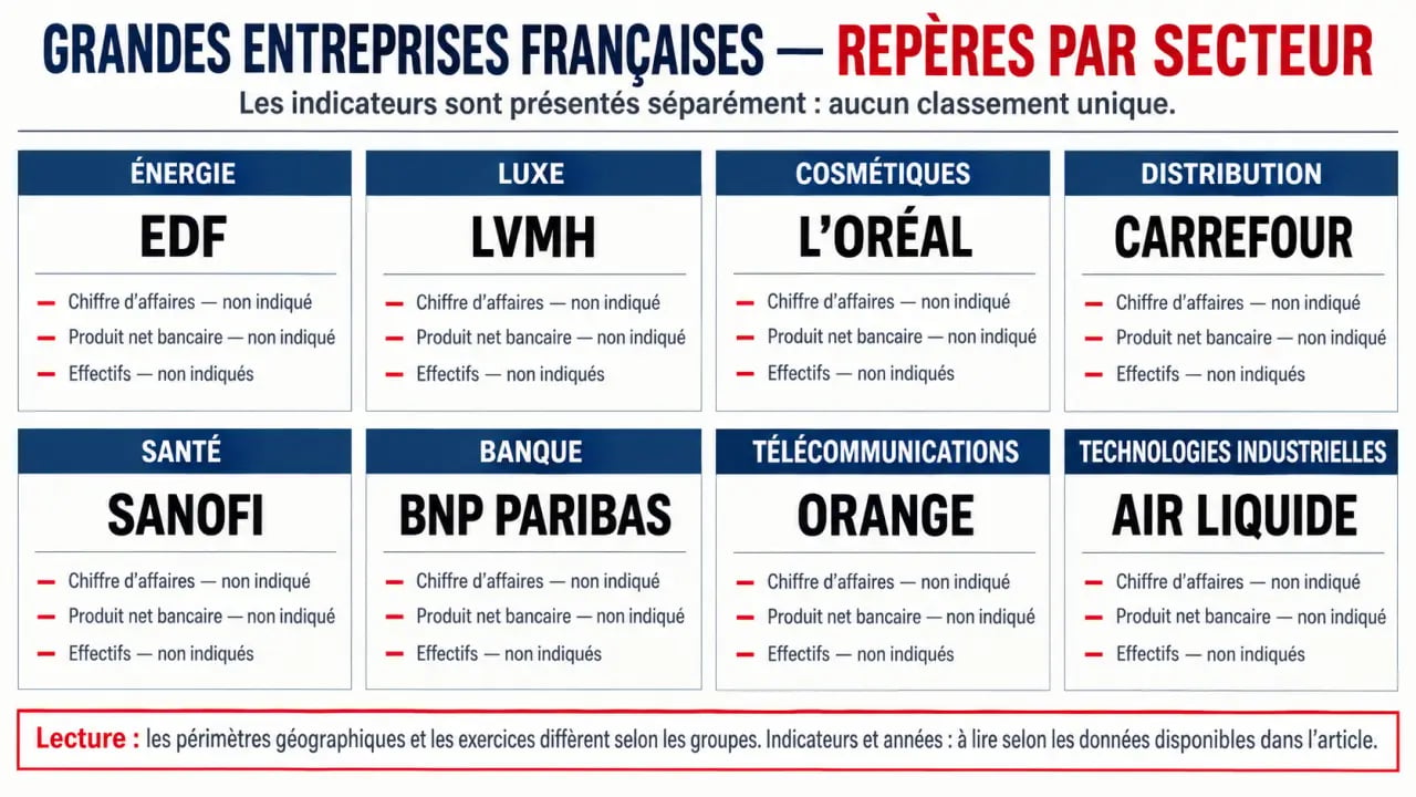 Visualisation comparative des principales grandes entreprises françaises par secteur, effectifs et chiffre d’affaires
