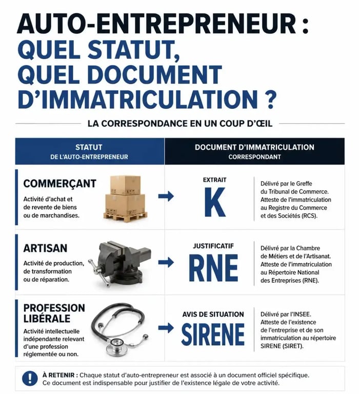 Tableau récapitulatif des documents d'immatriculation pour auto-entrepreneur : Kbis, extrait K et RNE