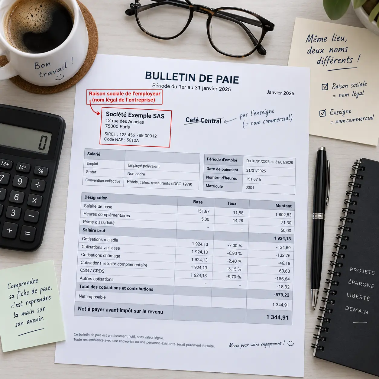 Raison sociale de l’employeur : le nom légal à relever sur la fiche de paie, pas l’enseigne