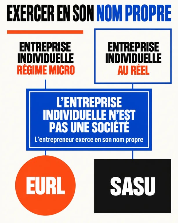Infographie sur la société au nom propre, l'entreprise individuelle, la micro-entreprise, l'EURL et la SASU