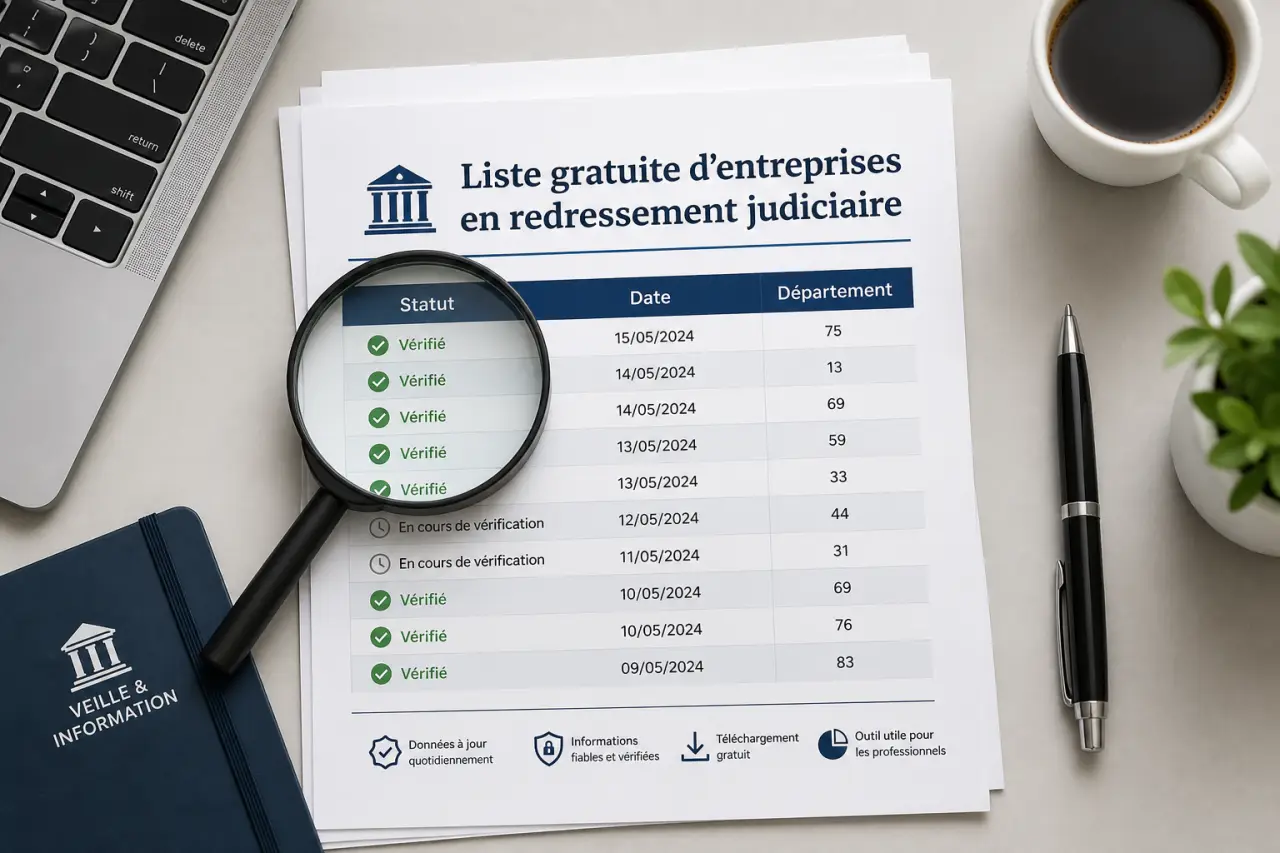Liste gratuite d’entreprises en redressement judiciaire : statut, date et département à vérifier